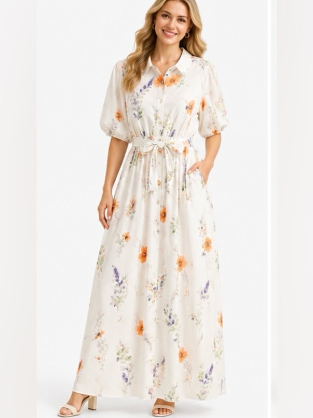 NWT Polagram Floral Belted Maxi Shirt Dress 2XL Puff Sleeve